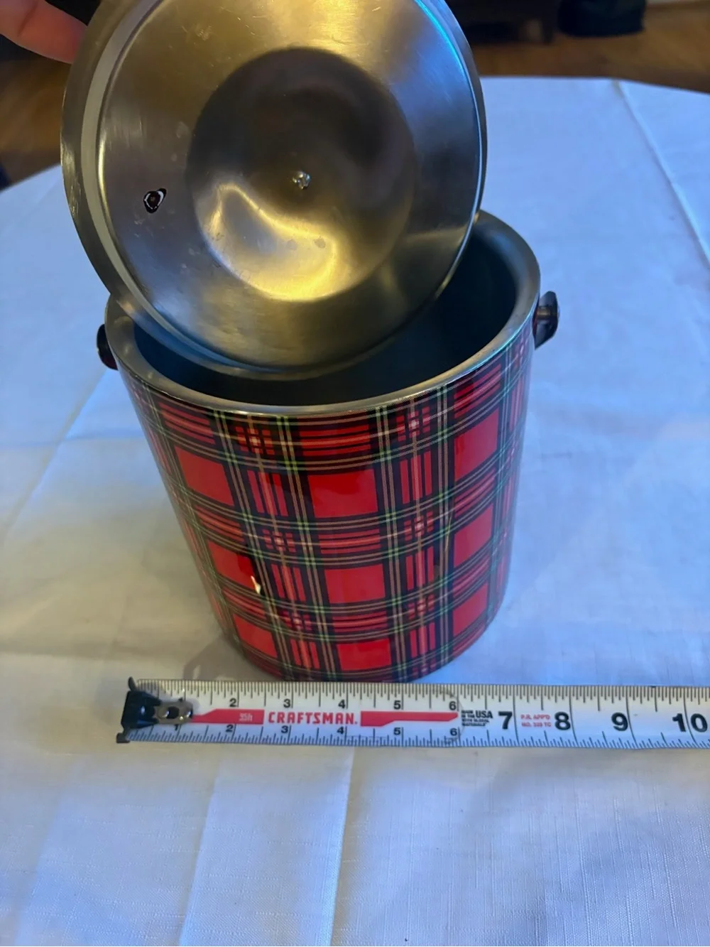 Plaid Red Metal Ice Bucket with Handle